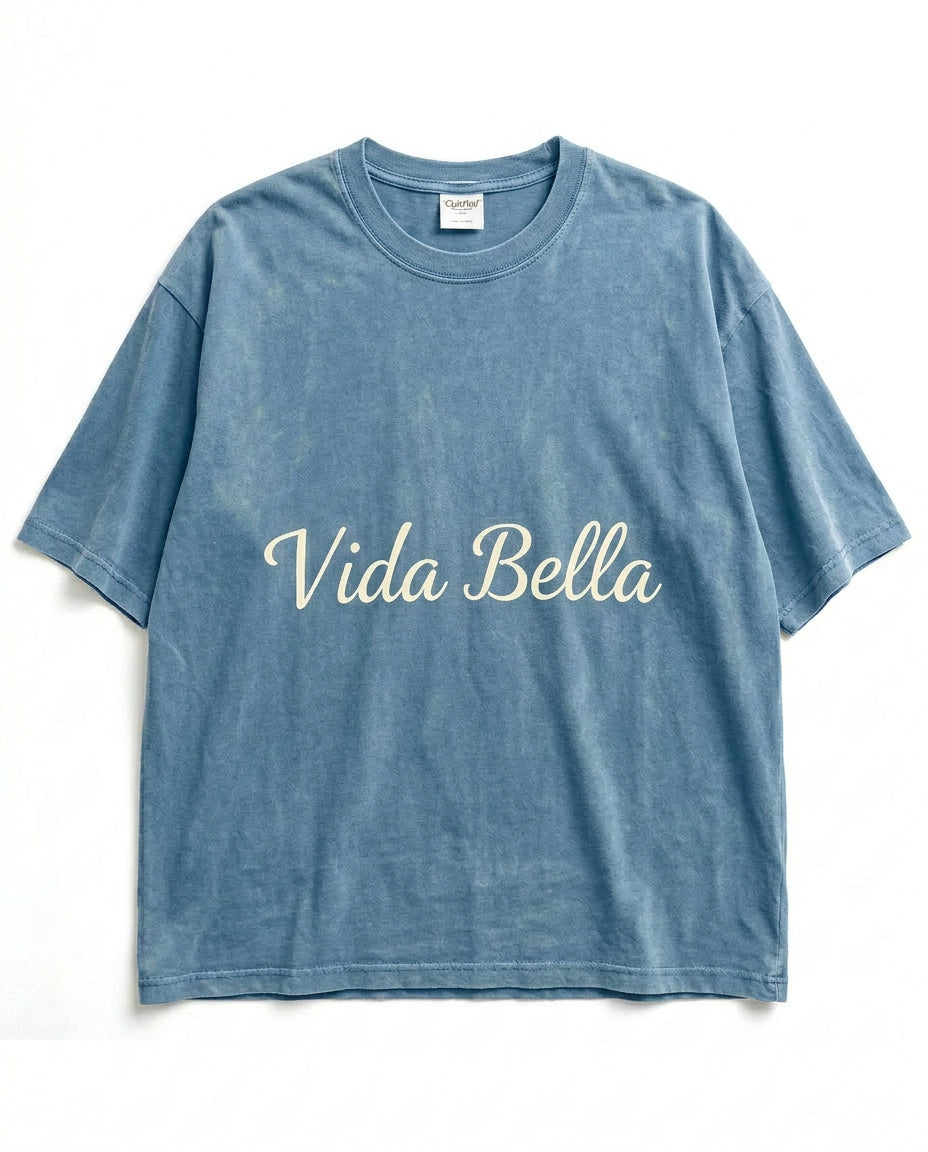 Vida Bella Script Tee — Washed Ocean Blue